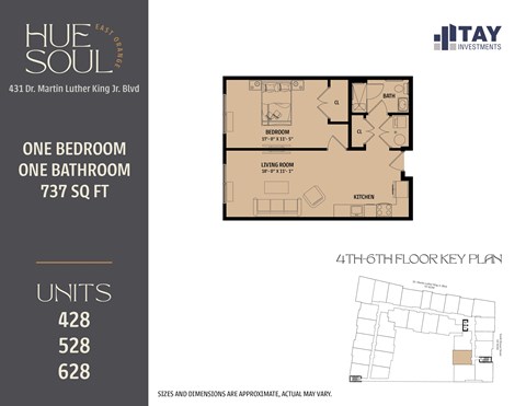 Floor plan for 1 bed, 1 bath, 737 sqft